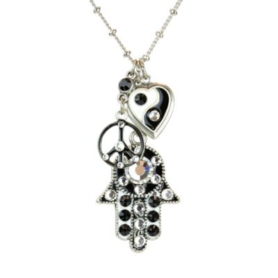 Black and White Crystal Yin Yang Hamsa Jumble Charm Necklace