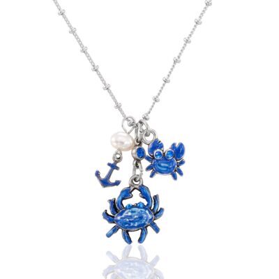 Ocean Coast Sparkling Blue Crab Pearl Crystal Charm Necklace