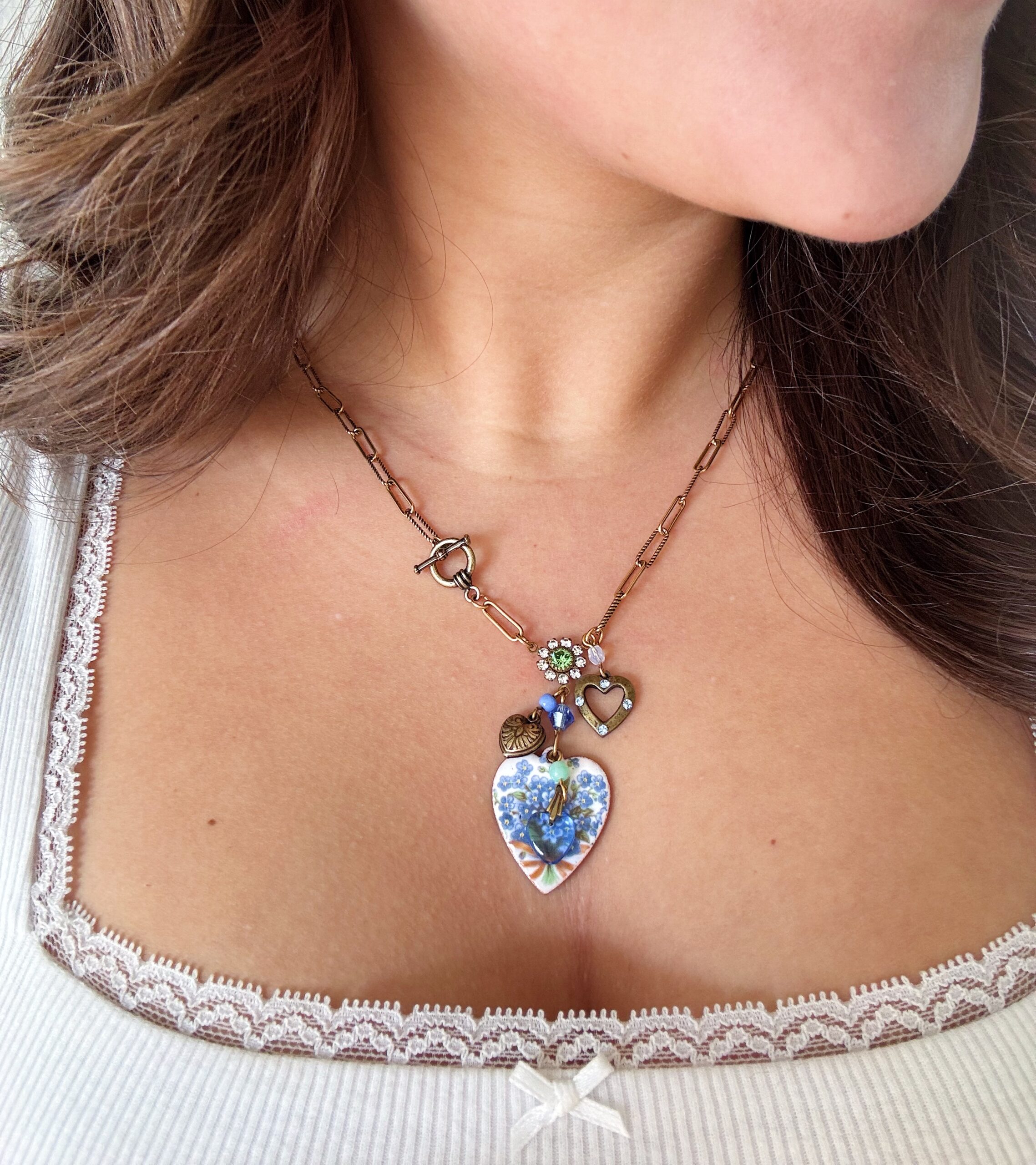 Blue Flower Bouquet Crystal Heart Charm Link Chain Necklace - Image 2