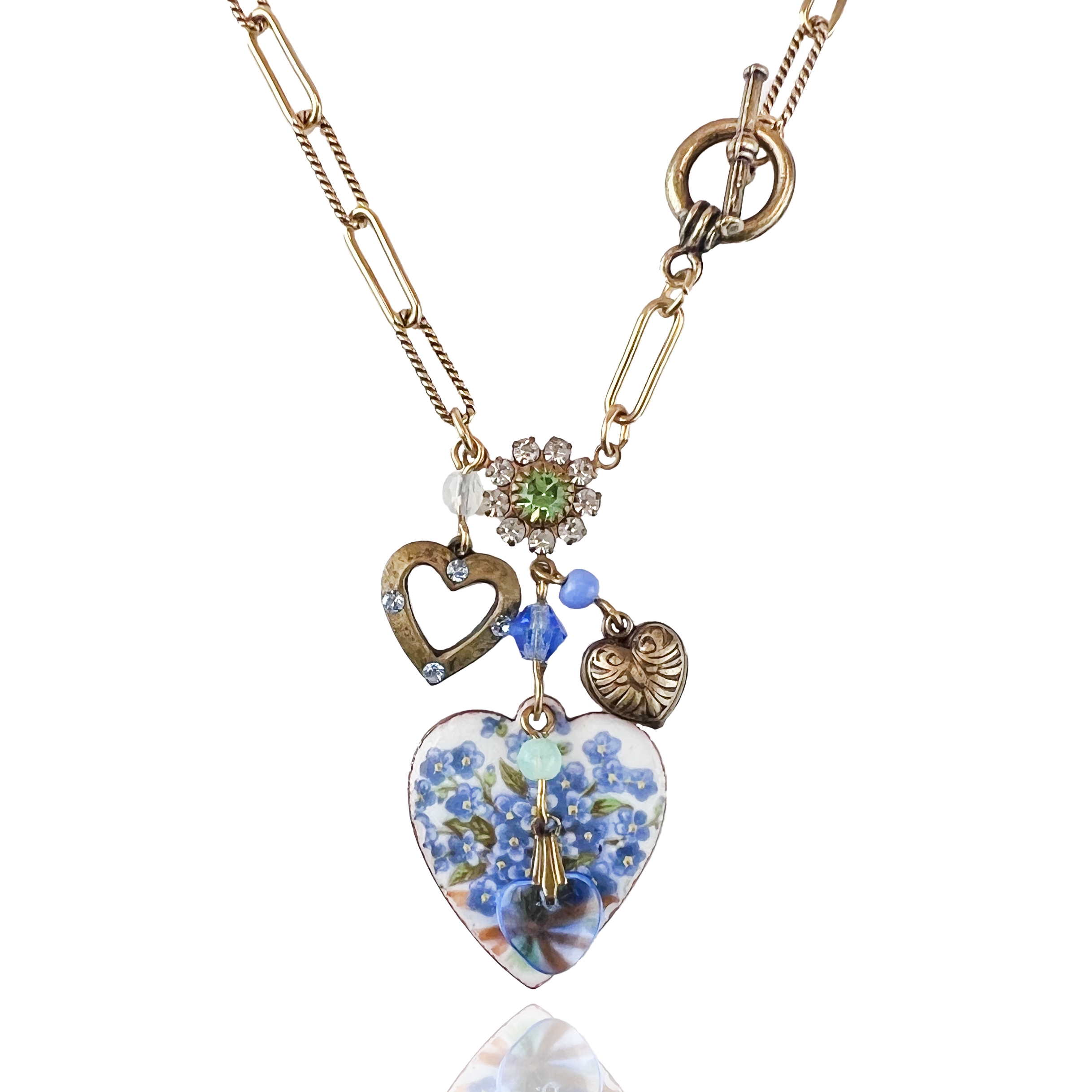 Blue Flower Bouquet Crystal Heart Charm Link Chain Necklace