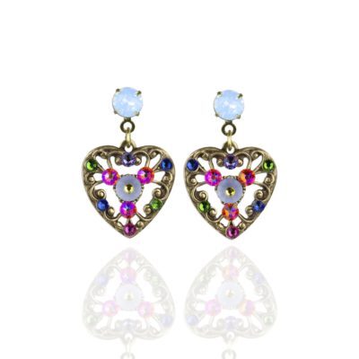Filagree Multi Color Crystal Heart Earrings
