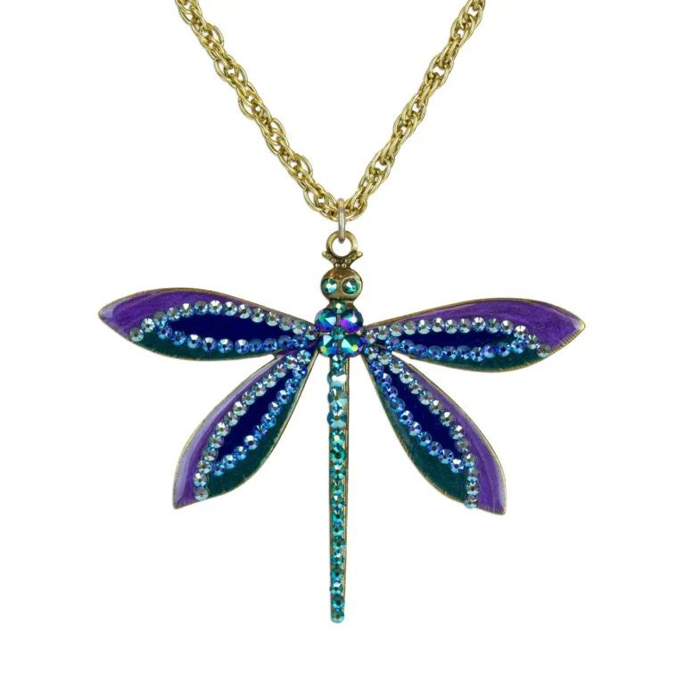 Purple and Iridescent Green Petal Dragonfly Crystal Necklace