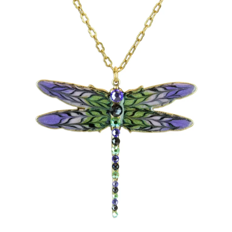 Green Pink & Purple Hand Painted Crystal Dragonfly Necklace
