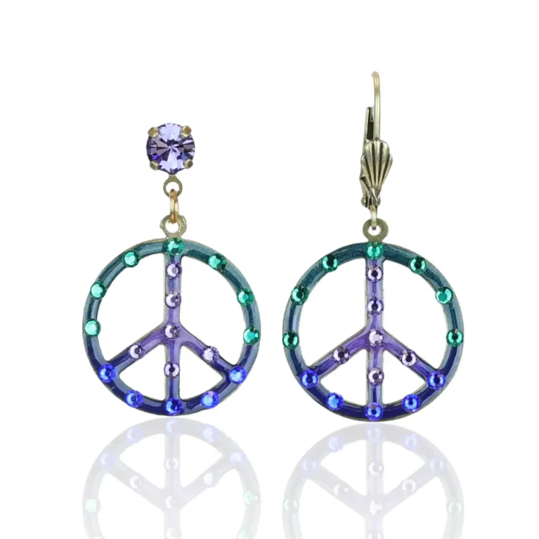 Blue Purple and Green Peace Sign Crystal Earrings