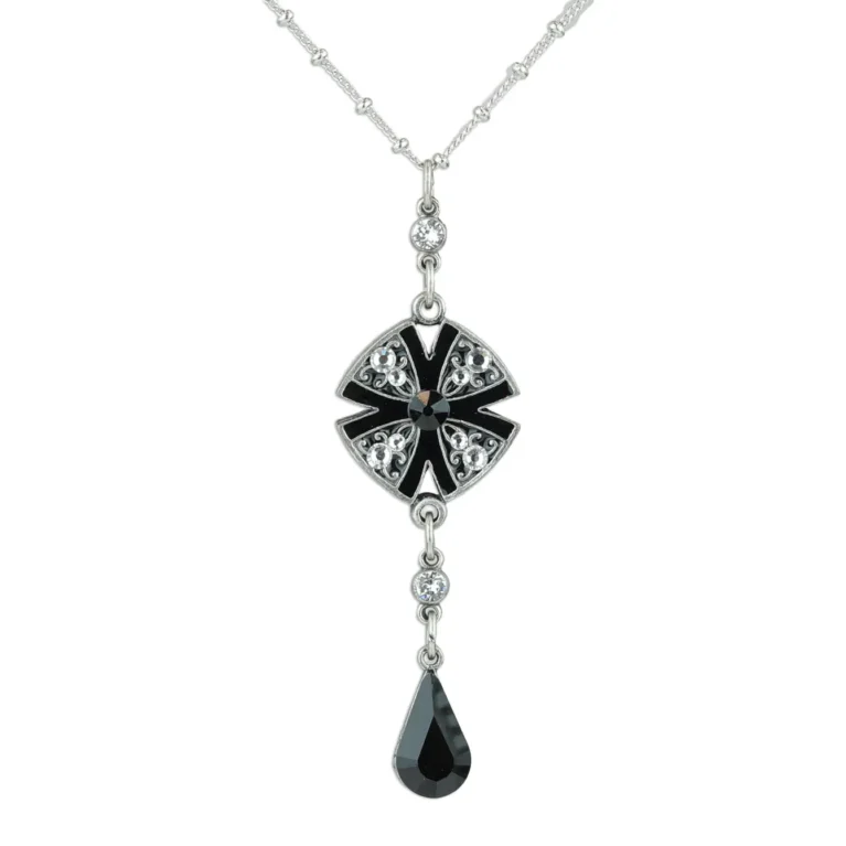 Art Deco Black and Crystal Pendant Teardrop Necklace