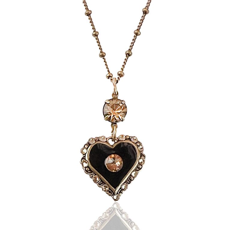 Shimmering Black and Golden Crystal Heart Charm Necklace