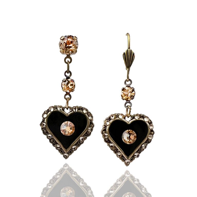 Shimmering Black and Golden Crystal Heart Charm Earring