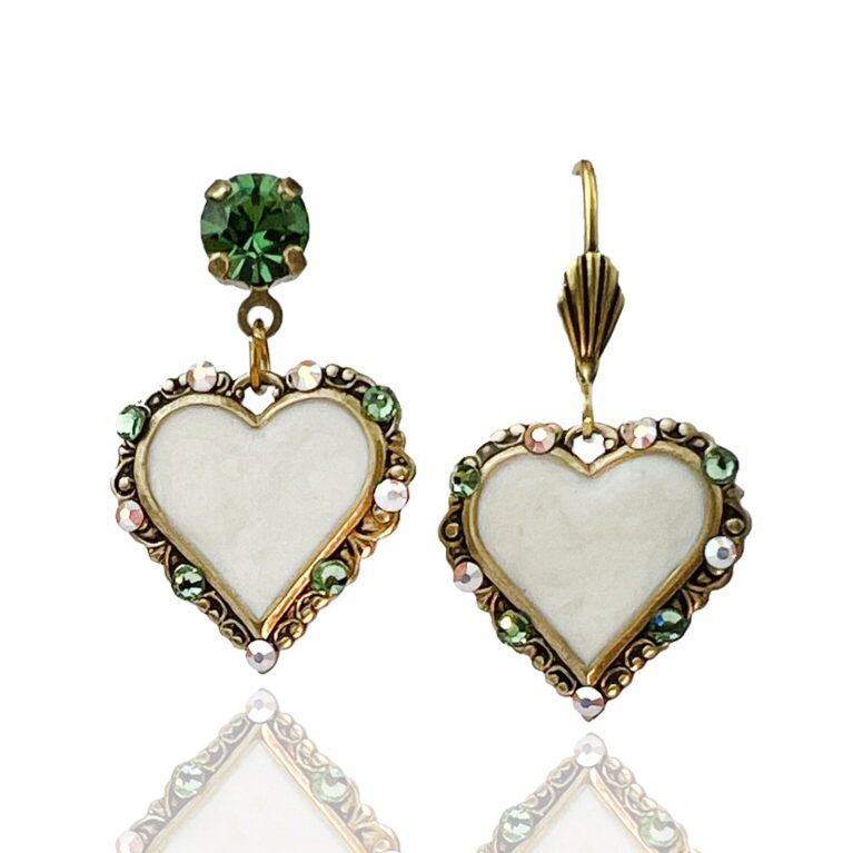 Vine Crown Ivory Heart with Pink and Green Crystal Earring