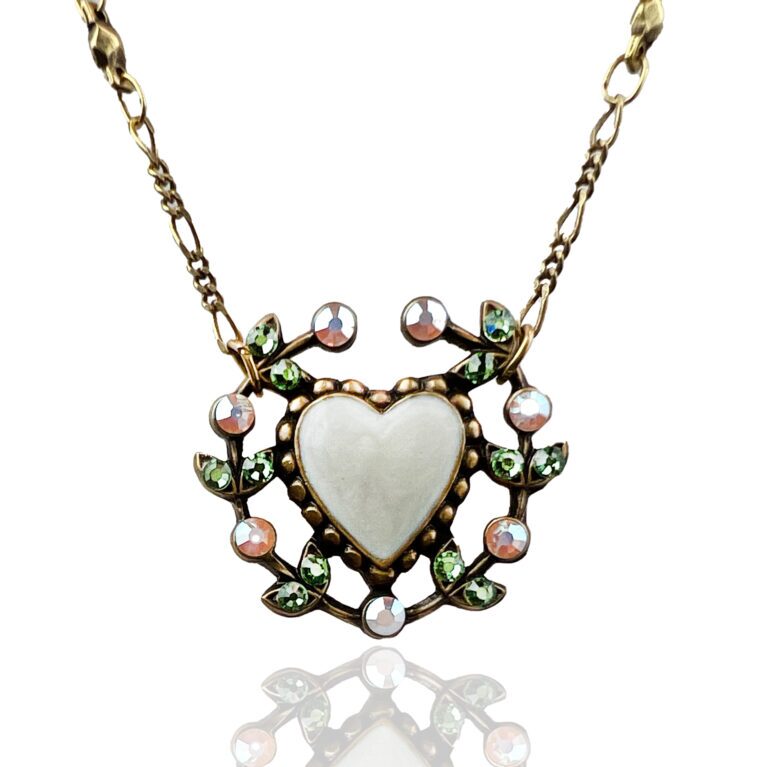 Vine Crown Ivory Heart with Pink and Green Crystal Necklace