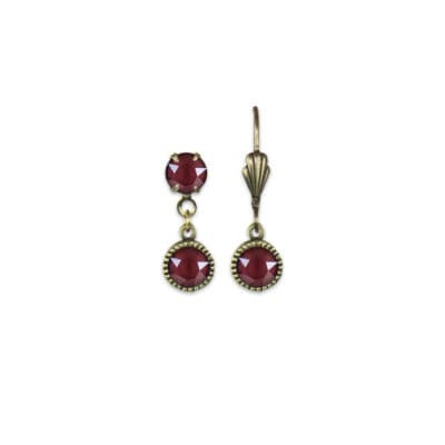 Bezel Set Brass Earrings Dark Red