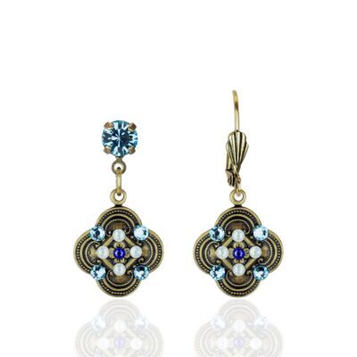 Quatrefoil Light Turquoise Blue and White Crystal Earrings