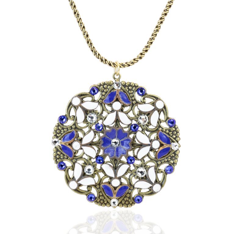 Chinoiserie Blue and White Floral Medallion Crystal Necklace