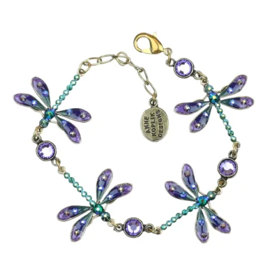 Purple and Iridescent Green Dragonfly Crystal Charm Bracelet