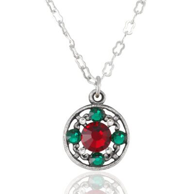 Red & Green Round Vintage Inspired Holiday Crystal Necklace