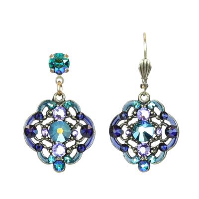 Lustrous Filigree Purple Blue & Green Crystal Drop Earring