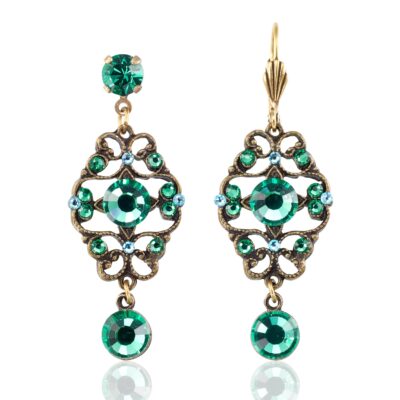 Viridian Green Elegant Filigree Crystal Drop Earrings