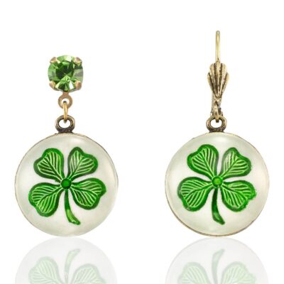 Fairy Finding Four Leaf Glass Clover Luck Dangle Earring