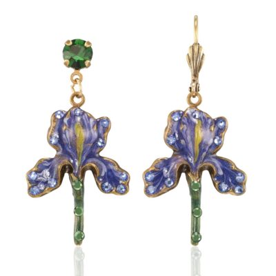 Loyal Blue Violet Iris Flower Stem Crystal Earring