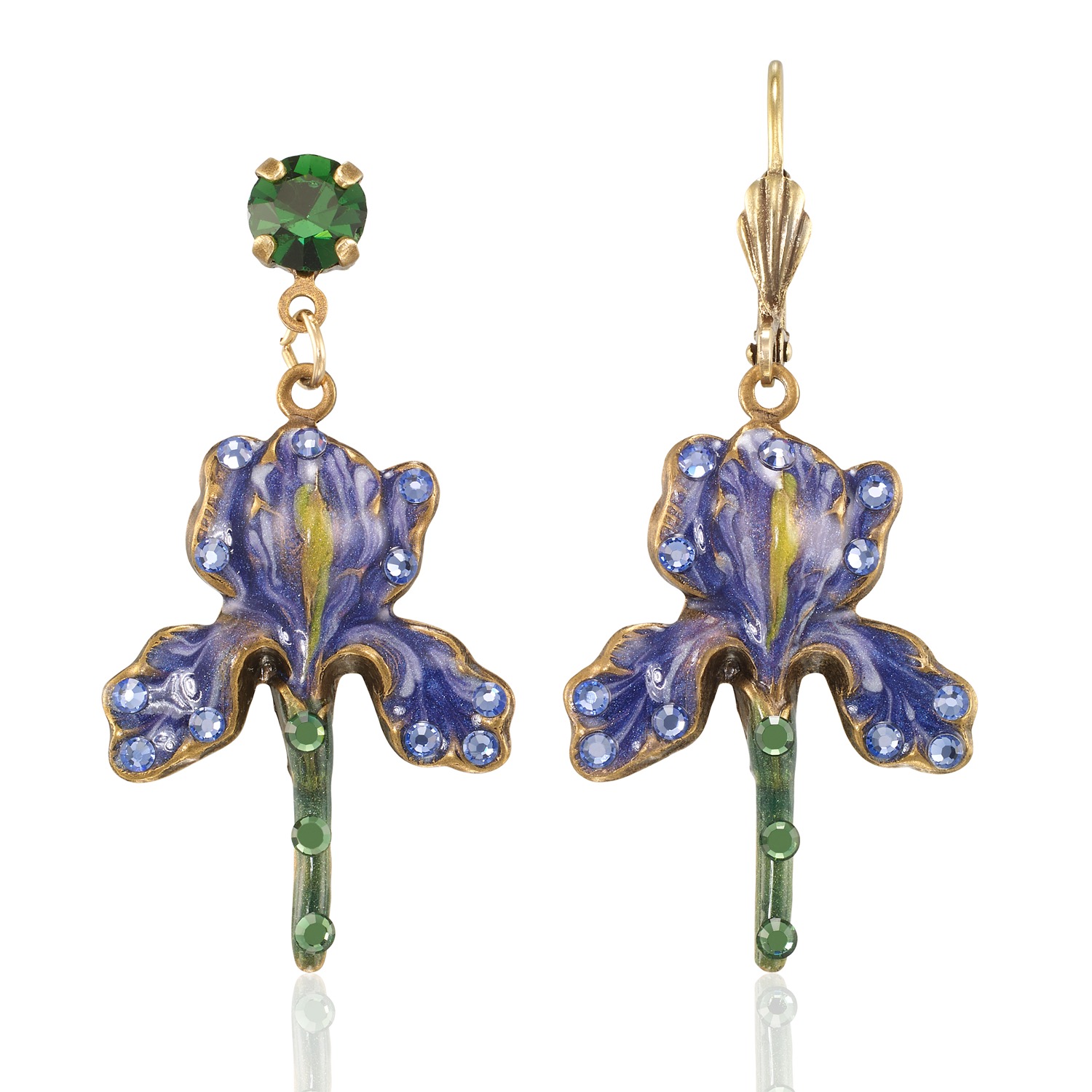 Loyal Blue Violet Iris Flower Stem Crystal Earring