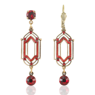 Red Vintage Inspired Open Framework Crystal Drop Earrings