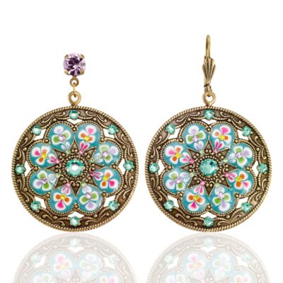 Round Brite Floral Bouquet Medallion Crystal Earring