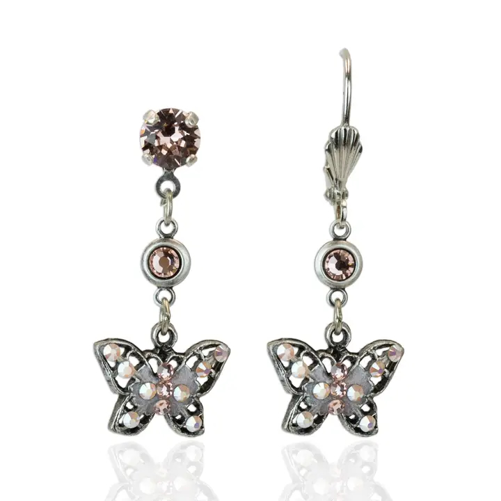 Aponi Pink Filigree Crystal Butterfly Dangle Earrings