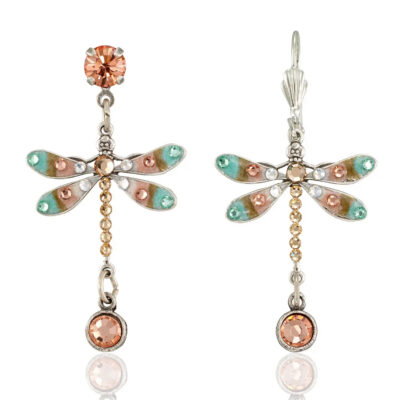 Meadow Green & Peach Dragonfly Crystal Drop Earring
