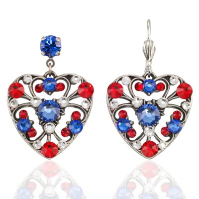 I Love America Filigree Crystal Heart Patriotic Earrings