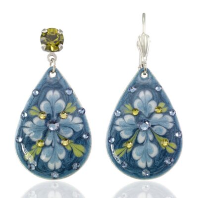 Blue Willow Garden Bloom Artisan Enameled Crystal Earrings