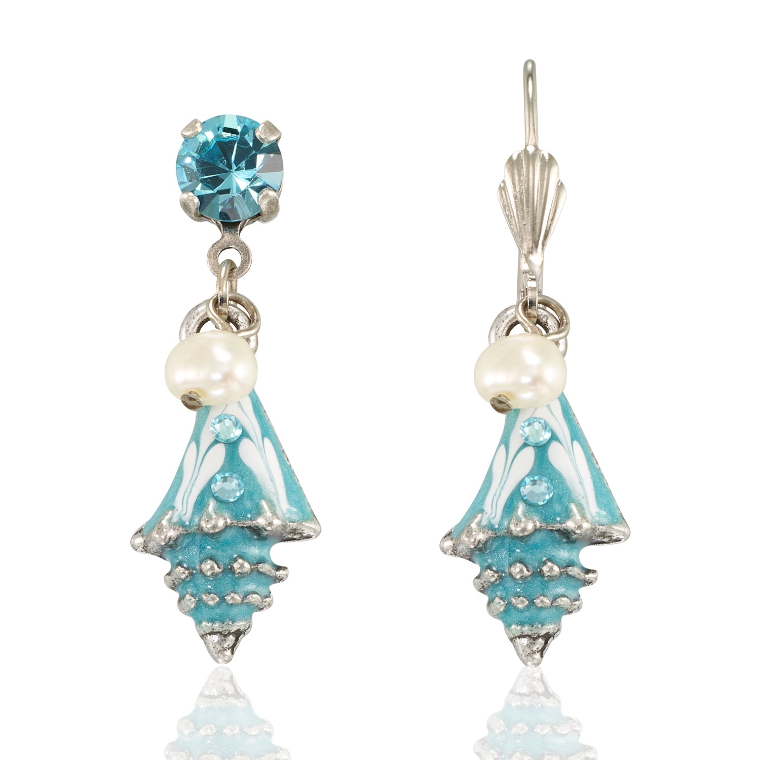 Turquoise Seashell Conch Charm Pearl Crystal Earrings