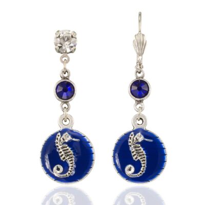 Deep Blue Marine Coastal Seahorse Charm Crystal Earrings