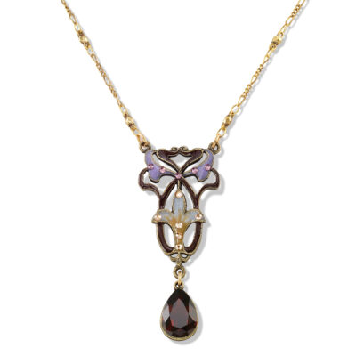 Art Nouveau Mocha Brown and Lavender Crystal Drop Necklace