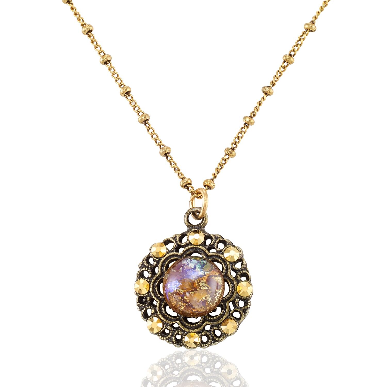Vintage Inspired Filigree Golden Cabochon Crystal Necklace