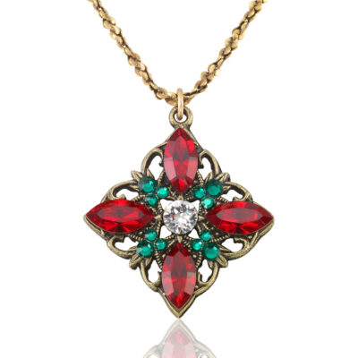 Christmas Red & Green Poinsettia Petal Crystal Necklace