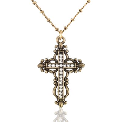 Vintage Inspired Ornate Devotion Crystal Cross Necklace