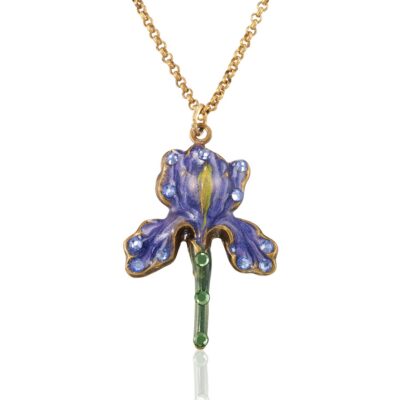 Loyal Blue Violet Iris Flower Stem Crystal Necklace