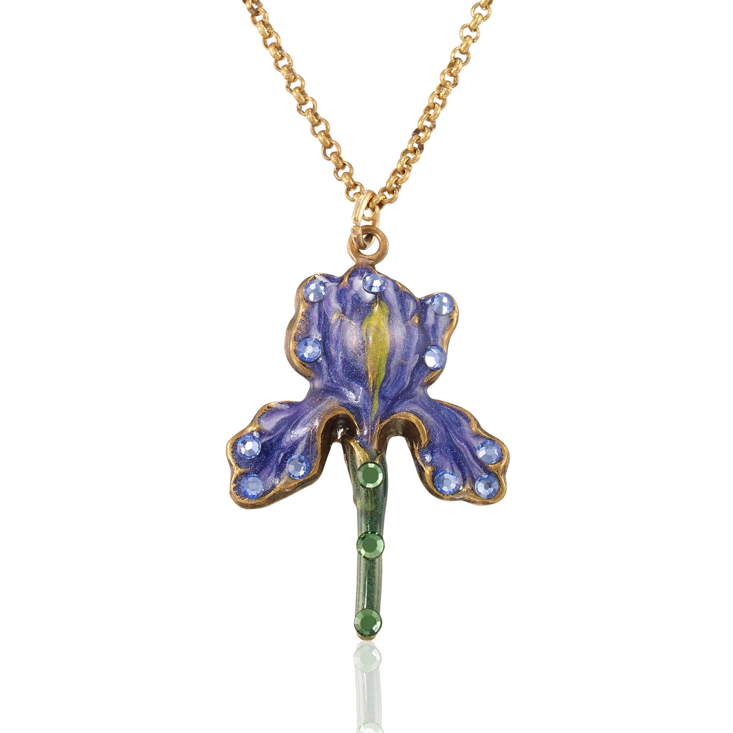 Loyal Blue Violet Iris Flower Stem Crystal Necklace