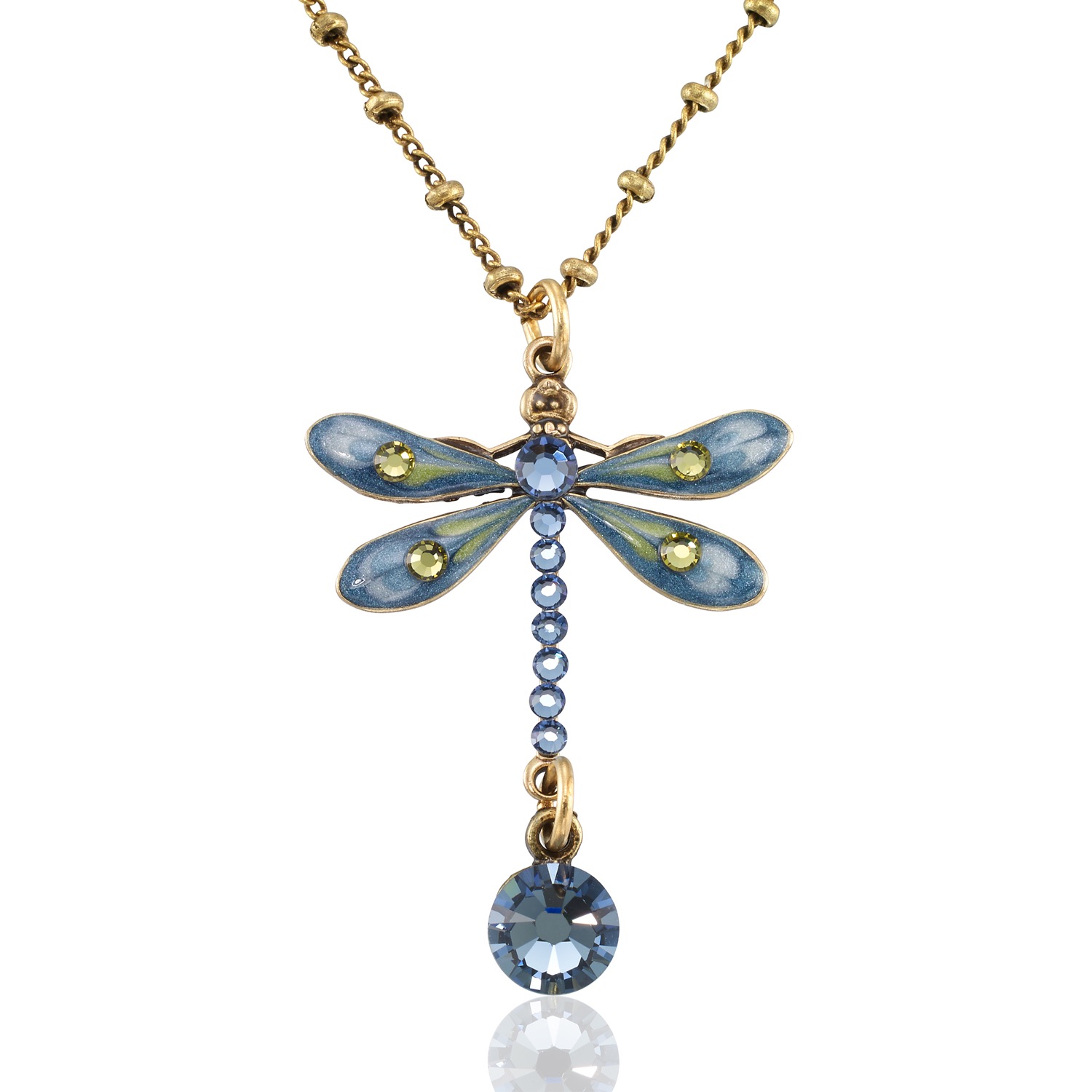 Blooming Blue Willow Garden Dragonfly Crystal Drop Necklace