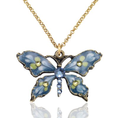 Blooming Blue Willow Garden Butterfly Crystal Necklace
