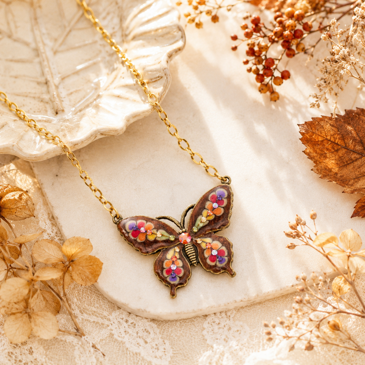 Autumn Ember Foliage Blossom Butterfly Crystal Necklace - Image 2