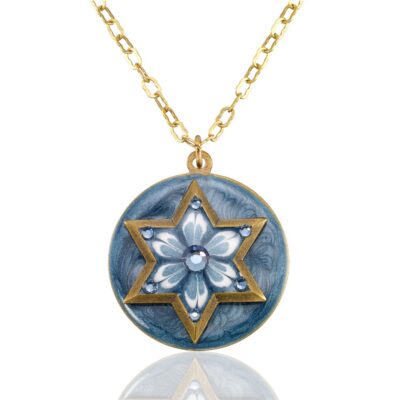 Blooming Floral Blue Star of David Crystal Pendant Necklace