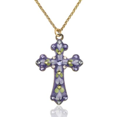 Violet Mist Garden Floral Faith Crystal Cross Necklace