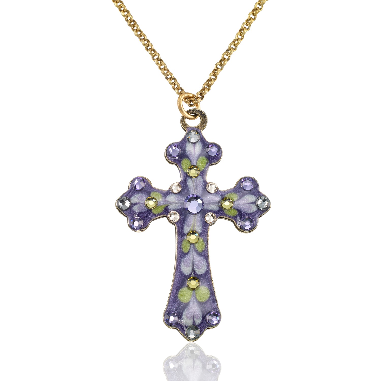 Violet Mist Garden Floral Faith Crystal Cross Necklace
