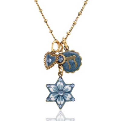 Floral Blue Star of David Chai Heart Crystal Charm Necklace