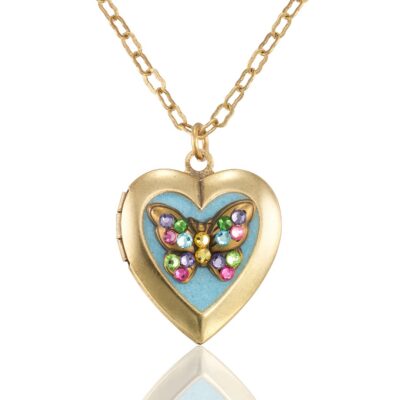 Butterfly Heart Shaped Locket Pendant Crystal Necklace