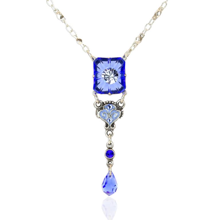 Blue Starburst Glass Stone and Crystal Tear Drop Necklace
