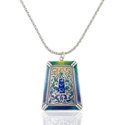 Tranquil Artisan Filigree Blue Green Enamel Crystal Necklace