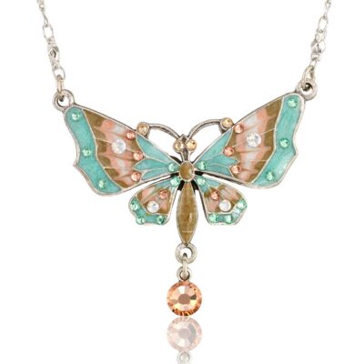 Pastel Green & Peach Elegant Butterfly Crystal Drop Necklace