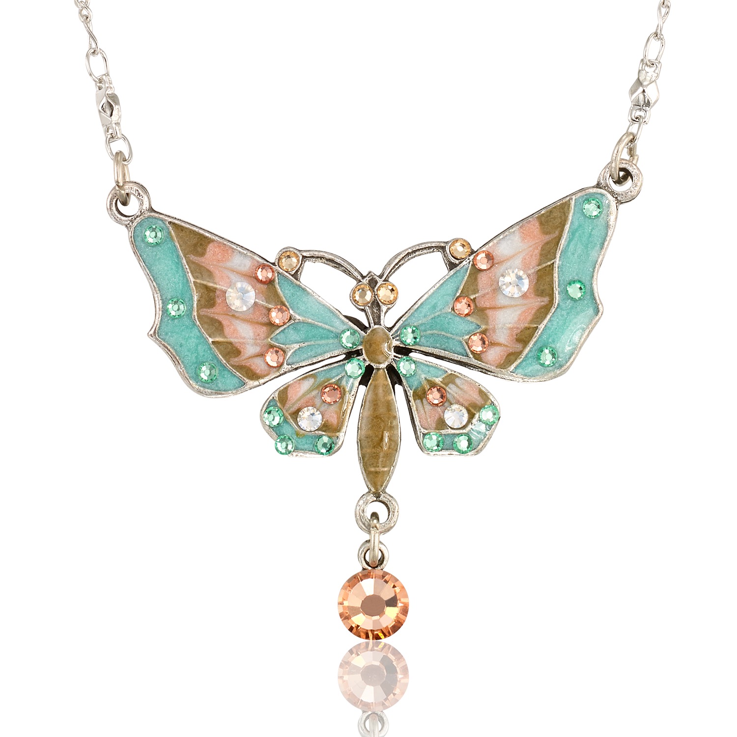 Pastel Green & Peach Elegant Butterfly Crystal Drop Necklace