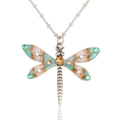 Misting Garden Green & Peach Dragonfly Crystal Necklace
